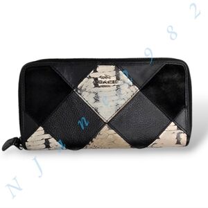 Coach Leather Patchwork Zip Accordion Wallet Snakeskin Suede Black Cream White